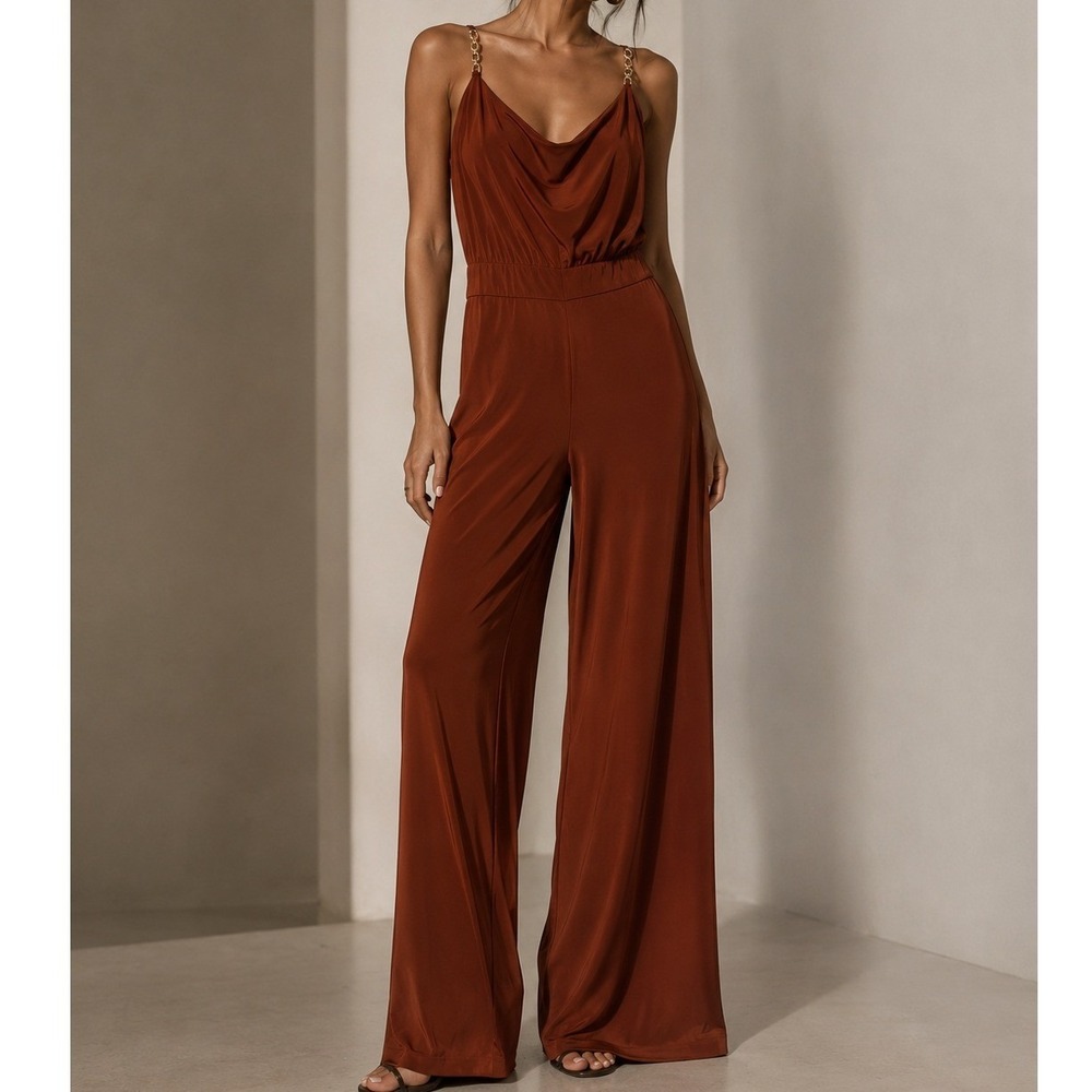 Jason Wu Rust Brown Cowl Neck Jumpsuit Rhinestone Chain Strap Wide Leg Womens S